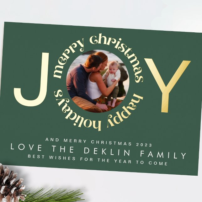 Modern Christmas Green GOLD JOY Wreath Photo Foil Holiday Card (Creator Uploaded)