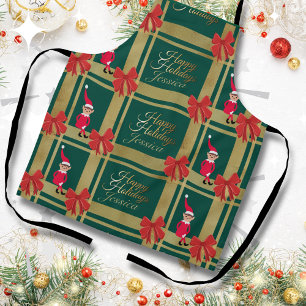 Modern Christmas Green Gold Tartan Personalise Apron