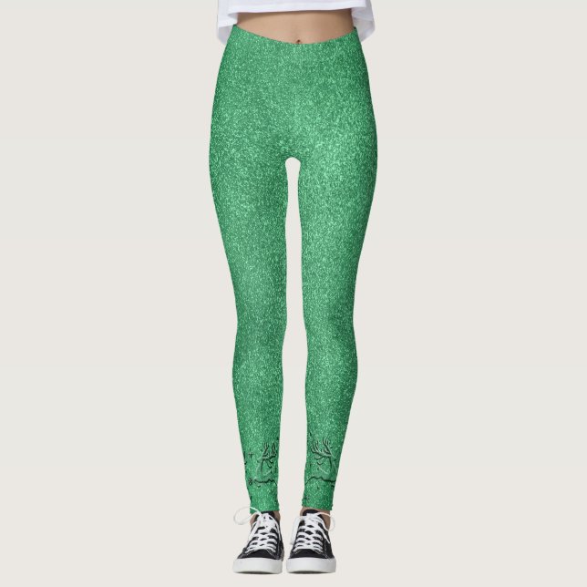Modern Christmas Green Reindeer Ladies Leggings (Front)