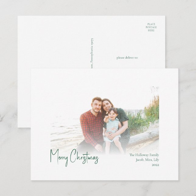 Modern Christmas | Green Script Faded Photo Holiday Postcard (Front/Back)
