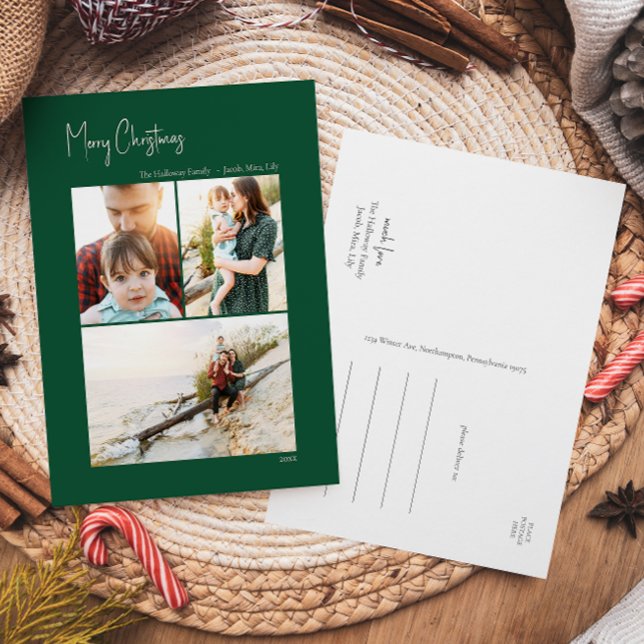 Modern Christmas | Green Vertical 3 Photo Holiday Postcard (Creator Uploaded)