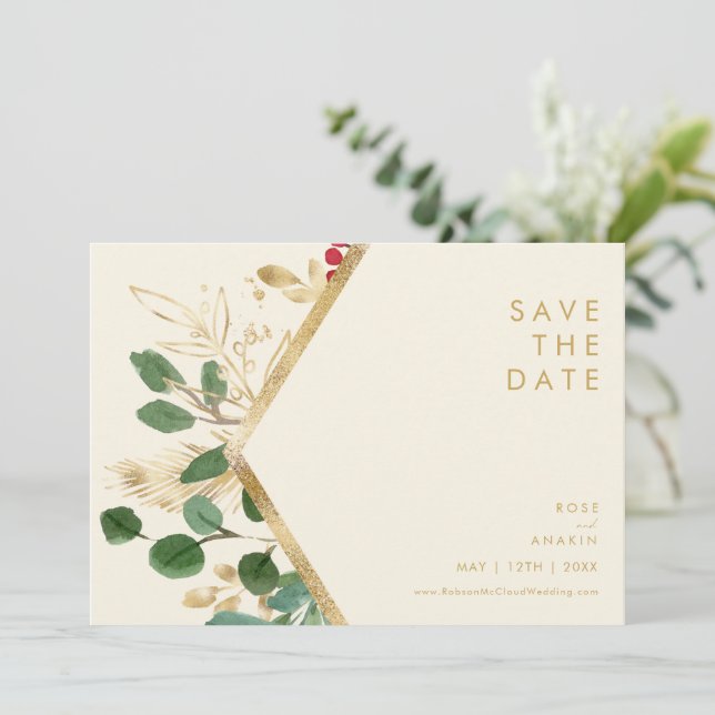 Modern Christmas Greenery | Cream Horizontal Save The Date (Standing Front)