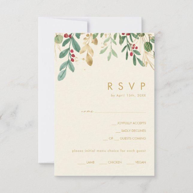 Modern Christmas Greenery | Cream Menu Choice RSVP (Front)
