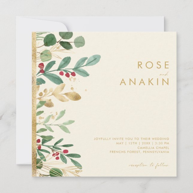 Modern Christmas Greenery | Cream Square Wedding Invitation (Front)