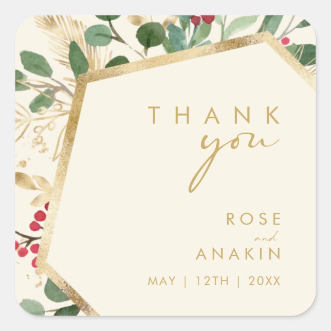 Modern Christmas Greenery Cream Thank You Wedding Square Sticker (Front)