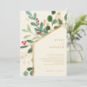 Modern Christmas Greenery   Cream Wedding Invitation