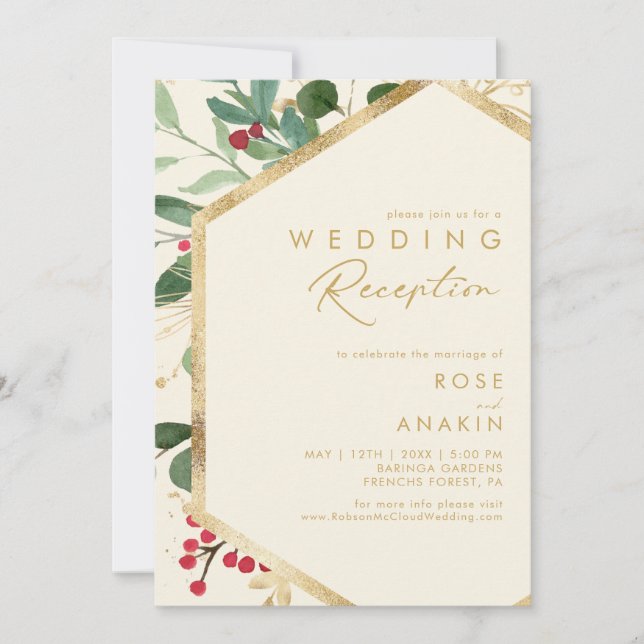 Modern Christmas Greenery Cream Wedding Reception Invitation (Front)
