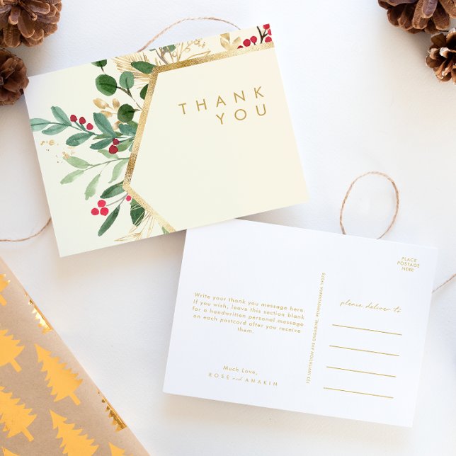 Modern Christmas Greenery Cream Wedding Thank You  Postcard (Creator Uploaded)