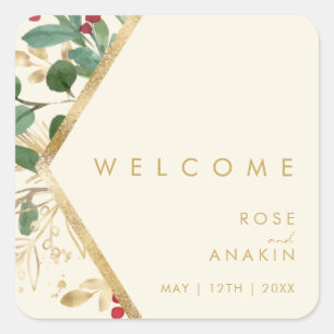 Modern Christmas Greenery Cream Wedding Welcome Square Sticker