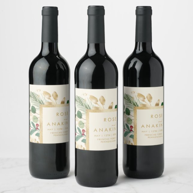 Modern Christmas Greenery | Cream Wedding Wine Label (Bottles)