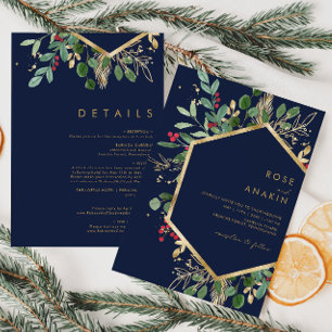Modern Christmas Greenery   Navy All In One Invitation