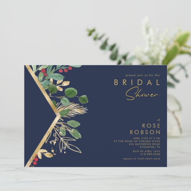 Modern Christmas Greenery | Navy Bridal Shower Invitation (Standing Front)