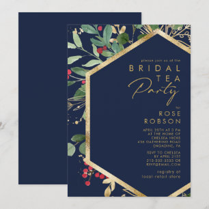 Modern Christmas Greenery Navy Bridal Tea Party Invitation