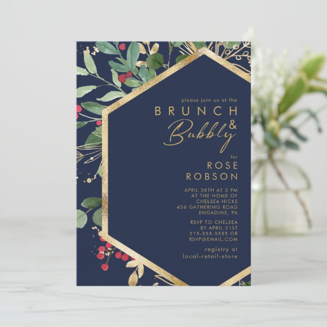 Modern Christmas Greenery Navy Brunch and Bubbly Invitation (Standing Front)