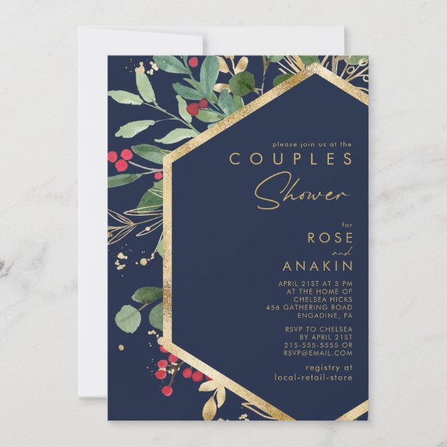 Modern Christmas Greenery | Navy Couples Shower Invitation (Front)