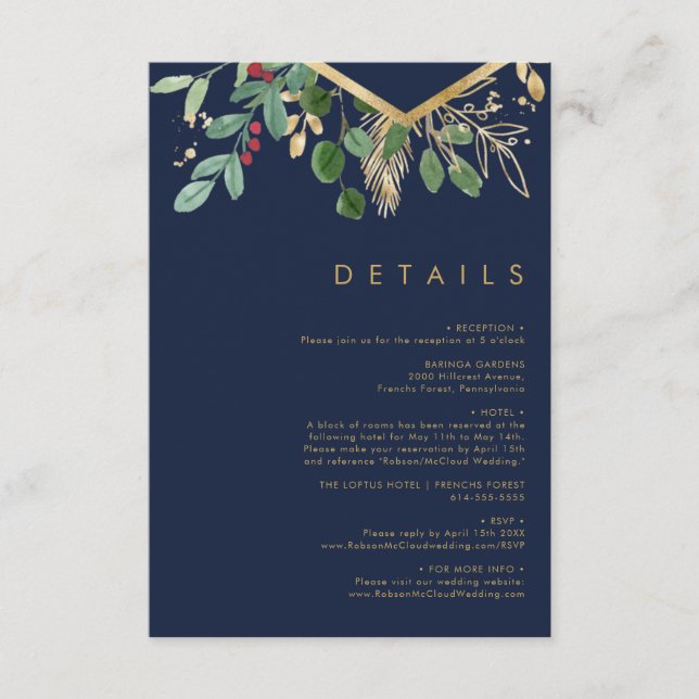 Modern Christmas Greenery | Navy Details Enclosure Card (Front)