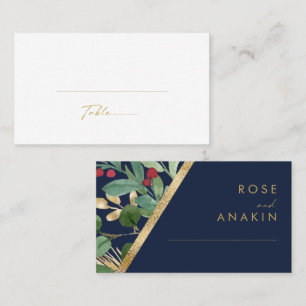 Modern Christmas Greenery Navy Flat Wedding Place Card