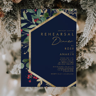 Modern Christmas Greenery Navy Rehearsal Dinner Invitation