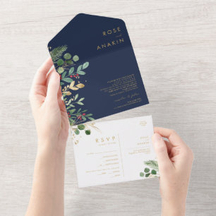 Modern Christmas Greenery Navy Seal And Send All In One Invitation