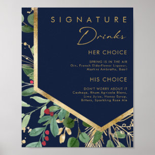 Modern Christmas Greenery Navy Signature Drinks Poster