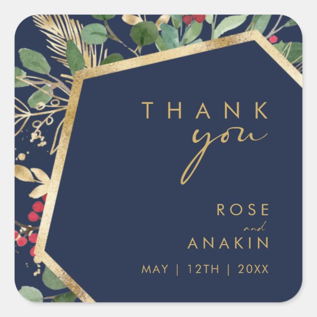 Modern Christmas Greenery Navy Thank You Wedding Square Sticker (Front)