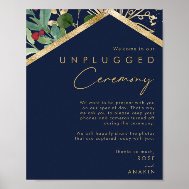 Modern Christmas Greenery Navy Unplugged Ceremony Poster (Front)