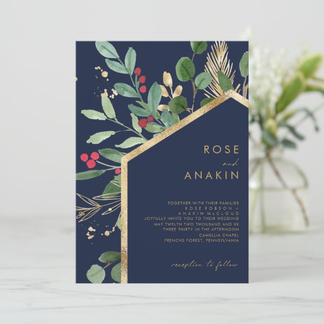 Modern Christmas Greenery | Navy Wedding Invitation (Standing Front)