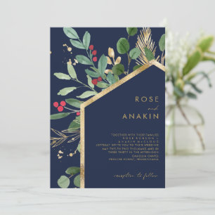 Modern Christmas Greenery Navy Wedding Invitation