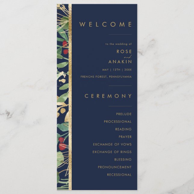 Modern Christmas Greenery | Navy Wedding Program Programme (Front)