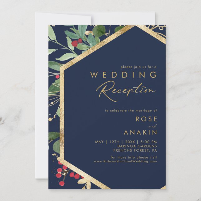 Modern Christmas Greenery Navy Wedding Reception Invitation (Front)