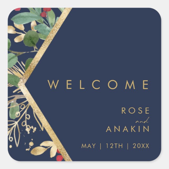 Modern Christmas Greenery | Navy Wedding Welcome Square Sticker (Front)