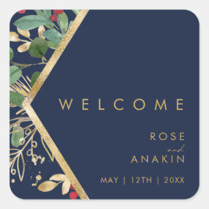 Modern Christmas Greenery   Navy Wedding Welcome Square Sticker