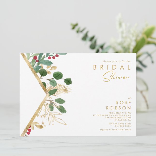 Modern Christmas Greenery | White Bridal Shower Invitation (Standing Front)