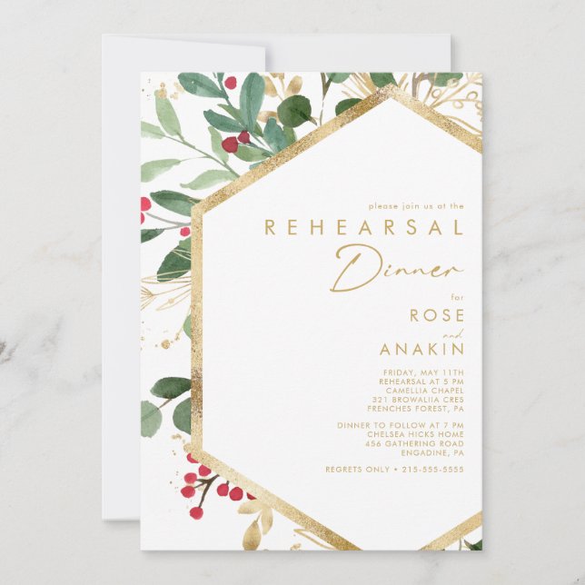 Modern Christmas Greenery | White Rehearsal Dinner Invitation (Front)