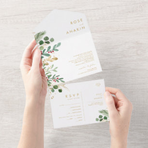 Modern Christmas Greenery   White Seal And Send All In One Invitation