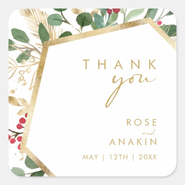 Modern Christmas Greenery White Thank You Wedding Square Sticker (Front)