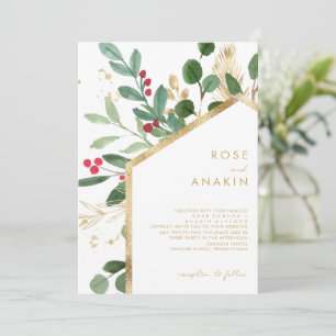 Modern Christmas Greenery White Wedding Invitation