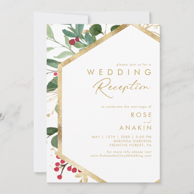 Modern Christmas Greenery White Wedding Reception Invitation (Front)