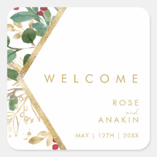 Modern Christmas Greenery White Wedding Welcome Square Sticker