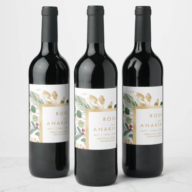 Modern Christmas Greenery | White Wedding  Wine Label (Bottles)