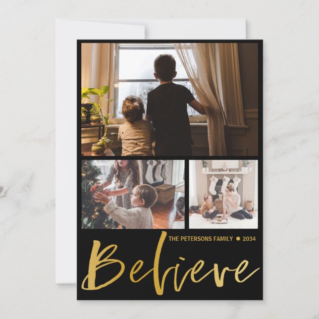 Modern Christmas Greeting Believe Gold Text Photo  Holiday Card (Front)