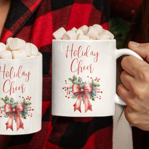 Modern Christmas HOLIDAY CHEER Script Red Bow Coffee Mug