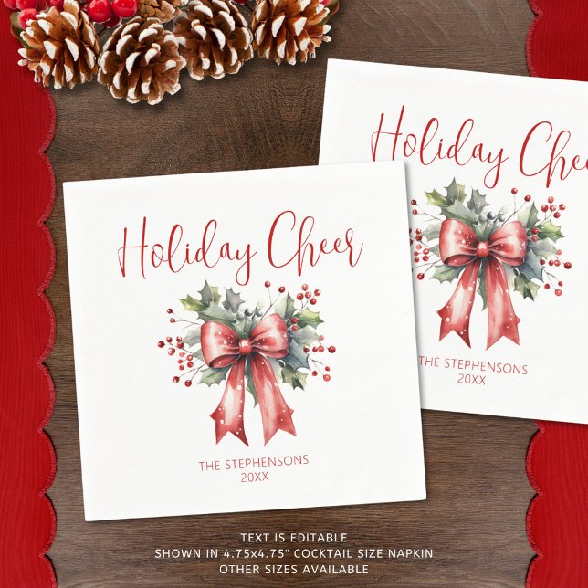 Modern Christmas Holiday Cheer Script Red Bow Name Napkin (Creator Uploaded)