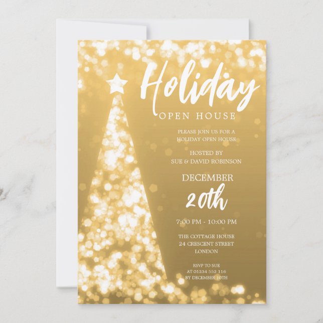 MODERN Christmas Holiday Open House Party Gold Invitation (Front)