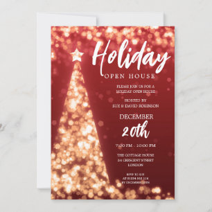 MODERN Christmas Holiday Open House Party Red Gold Invitation