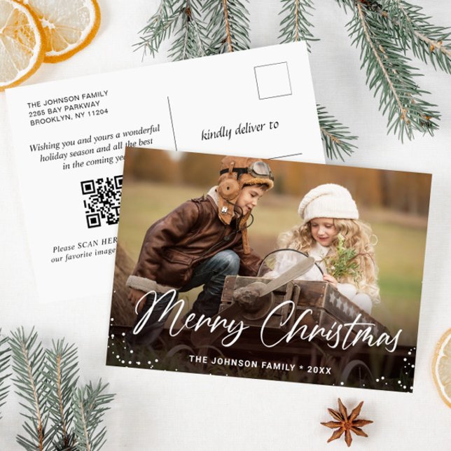 Modern Christmas Holiday PHOTO Greeting QR code Postcard (Creator Uploaded)
