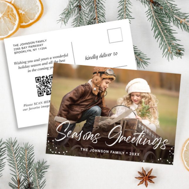 Modern Christmas Holiday PHOTO Greeting QR code Postcard (Creator Uploaded)