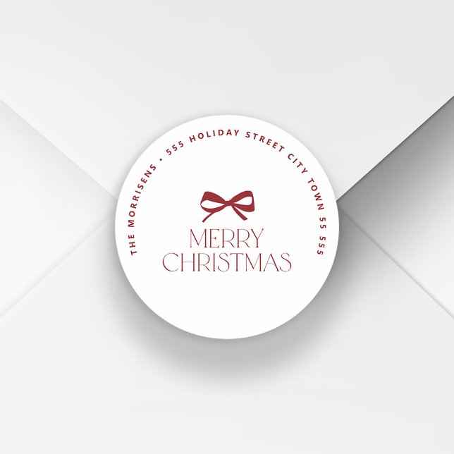 Modern Christmas holiday round return address Classic Round Sticker (Creator Uploaded)