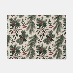 Modern Christmas holly berries leaves  Doormat