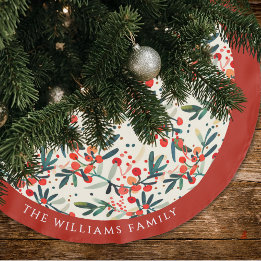 Modern Christmas Holly Berries Personalised Brushed Polyester Tree Skirt